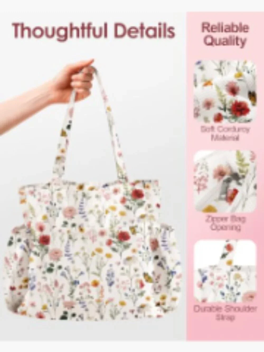 Large Corduroy Tote Bag with Zipper Multi-Pocket Shoulder Bag for Work Travel